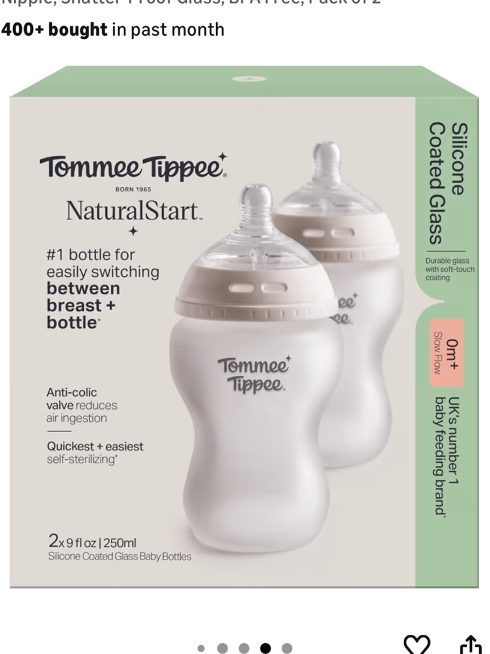 Tommee Tippee Silicone Coated Glass Baby Bottle - Soft Cream (1 Bottle Only) 9oz